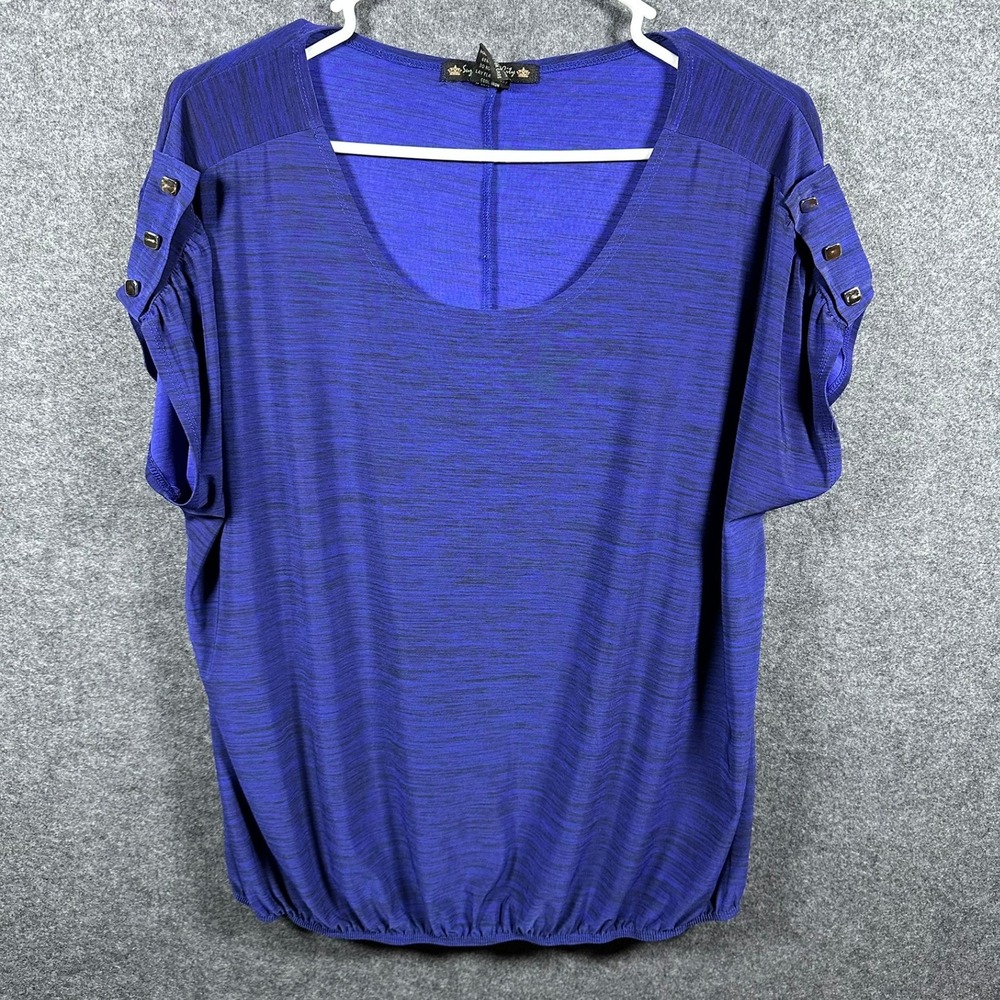 Suzie in the City Woman Blue Space Dye Studded Bubble Hem Blouse 1X